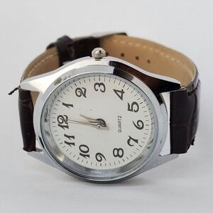 Women's Watch 37MM White Dial Gray Case Brown Leather‎ Band Straps New Battery